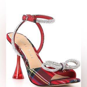 Gianni Bini Red Plaid Heels with Rhinestone Bow